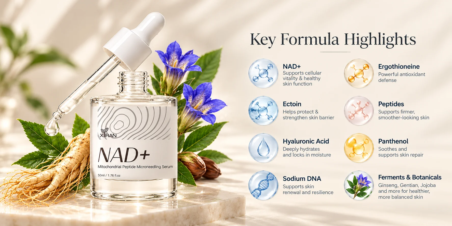A bottle of NAD+ mitochondrial peptide microneedling serum with a dropper alongside natural botanical elements and a list of key formula highlights, including NAD+, ectoin, peptides, hyaluronic acid, and more.